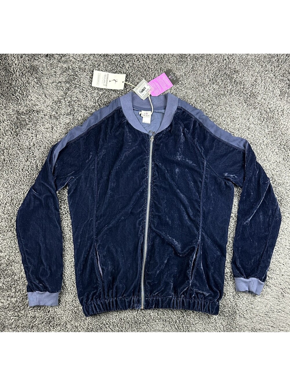 DEHA Expression Velvet Jacket Womens L Blue Full Zip Velour Bomber Track NWT
